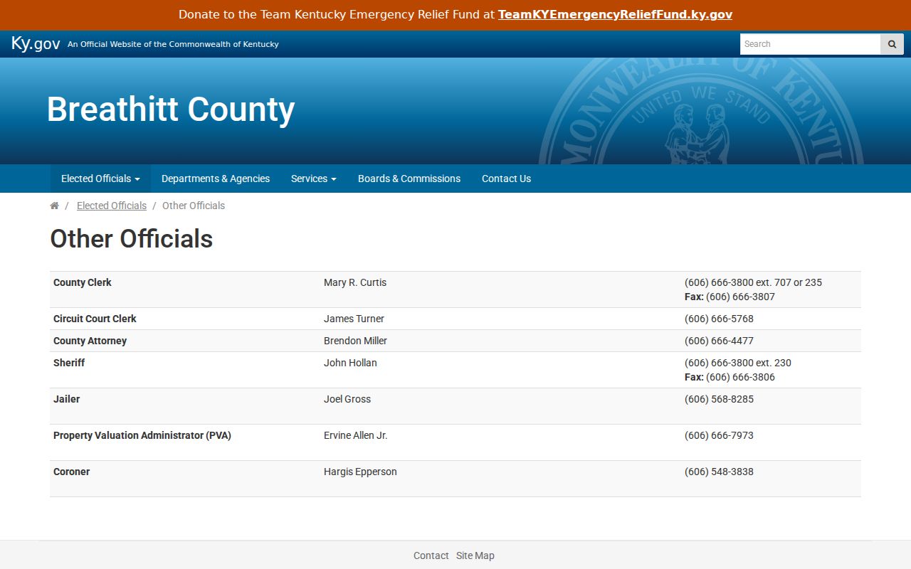 Breathitt County criminal history officials directory